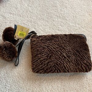 Patricia Nash Faux Fur and Leather Brown Clutch with Pom Poms